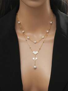 RAYQUEEN 1pc Fashion Double Layer Heart Pendant Pearl Stainless Steel Necklace, Sexy French Style Tassel Layered Choker Accessory For Women - Gold - View 3
