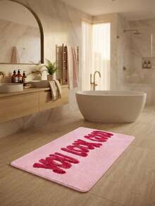 1pc Minimalist Solid Pink Faux Cashmere Letter Print Floor Mat, Soft Absorbent Machine Washable Kitchen Rug, Fresh Entrance Mat, Rectangular Low Pile Holiday Home Decor Mat, Suitable For Living Room, Bedroom, Kitchen, Laundry Room - Baby Pink - View 5