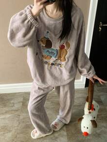 Cartoon Dog Embroidery Flannel Pajama Set, Long Sleeve Top & Wide Leg Pants Loungewear, Winter Clothes For Women, Cozy Warm Sleepwear,Outfit Vacation - Mauve Purple - View 5