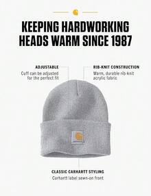 Carhartt Unisex Solid Ribbed Cuffed Knit Beanie Patch Label Warm Winter Streetwear Skull Hat - Light Grey - View 2