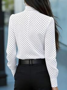 Blus Lengan Panjang Tenun Kerah Ruffle Motif Polkadot Ukuran Plus untuk Wanita, Pakaian Wajib untuk Musim Gugur - Bintik-bintik hitam dan putih - View 3
