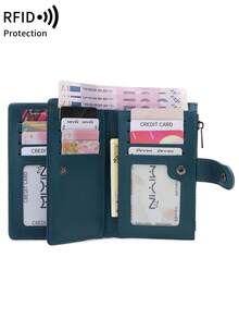 MIYIN Vintage RFID Blocking Multi-Function Multi-Slot Short Wallet With Zipper And ID Window, Suitable For Carrying Credit Cards, Cash, Letters, Etc., Vintage Casual Style, Can Hold Coins, Credit Cards, ID, Cash, Letters, Etc. Tri-Fold Design, Zipper Wallet, Christmas Gift, Thanksgiving Gift, Birthday Gift, Anniversary Gift, Men's Wallet, Handbag, Long Wallet - Teal Blue - View 4