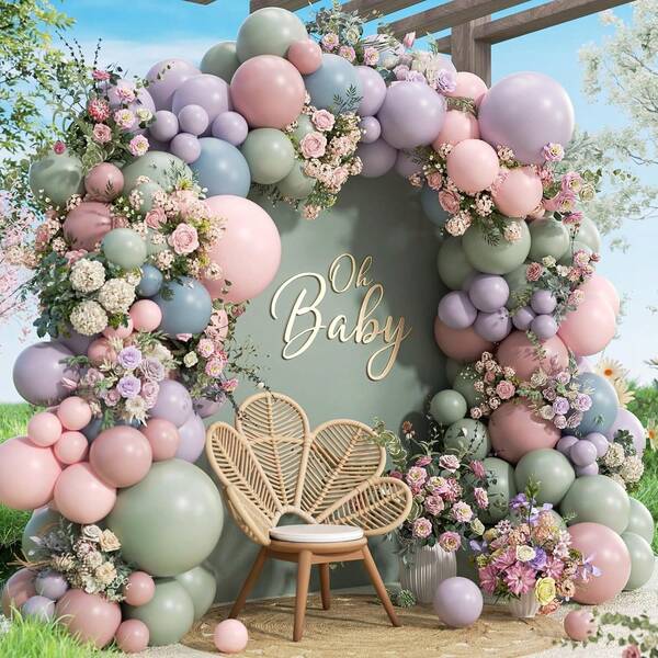 131pcs Macaron Color Balloon Arch Set (Includes Sage Green, Gray Purple, Pink And Blue Balloons), Suitable For "Wildflowers/Floral/Blooming" Theme Baby Shower, Gender Reveal And Birthday Party Decoration.