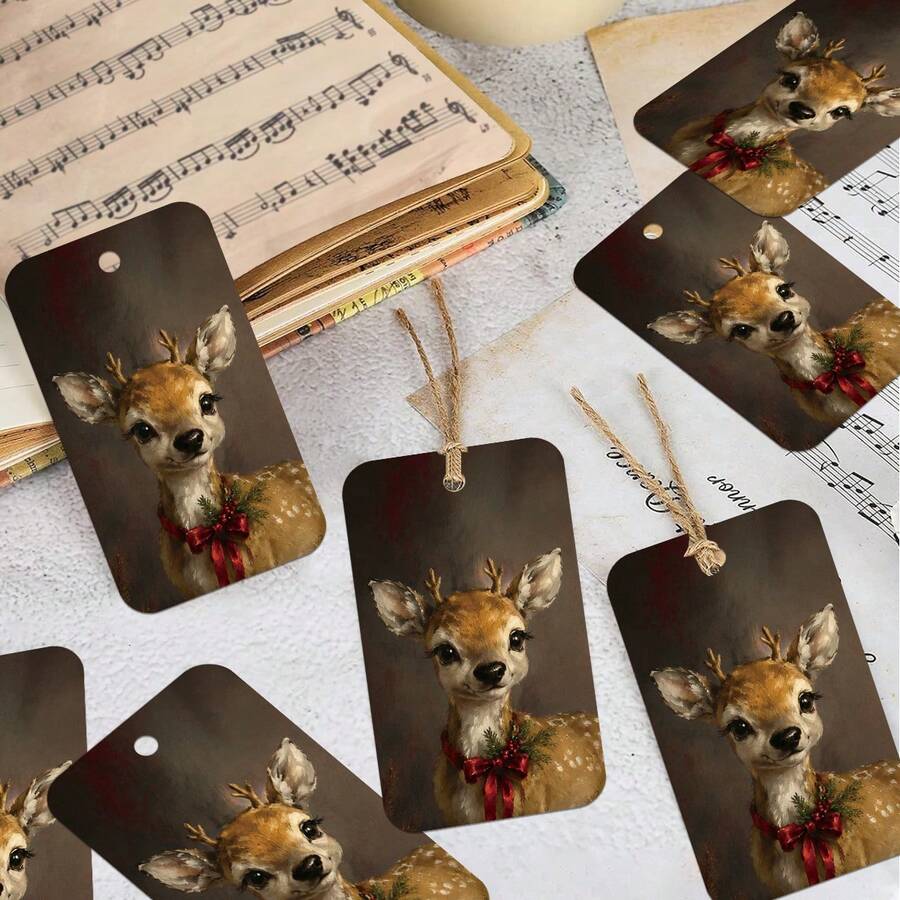 50pcs Vintage Christmas Reindeer Gift Tags With Jute Rope - Holiday Deer Pattern Paper Party Favor Hanging Tags, Suitable For Gifts, Gift Wrapping And Party Decoration, Christmas Gift Wrapping Supplies - A - View 1