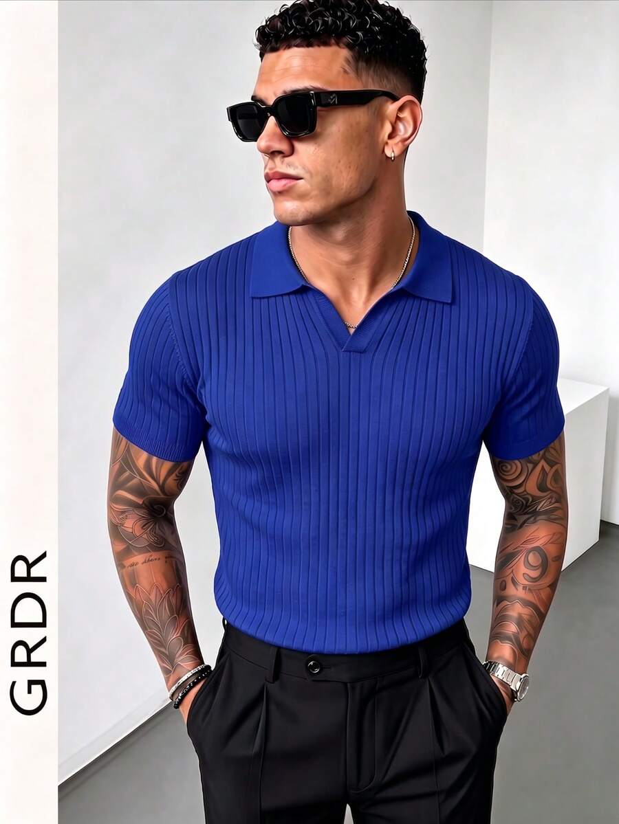 GRDR 男士夏季纯色 Polo 领短袖针织衫，适合夏季外出穿着，时尚造型必备单品