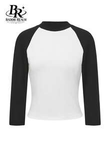BADDIE REALM Women's Knitted Raglan Sleeve Crew Neck T-Shirt, Regular Length, Medium Stretch Fabric, 3/4 Sleeve Top - Black and White - View 9
