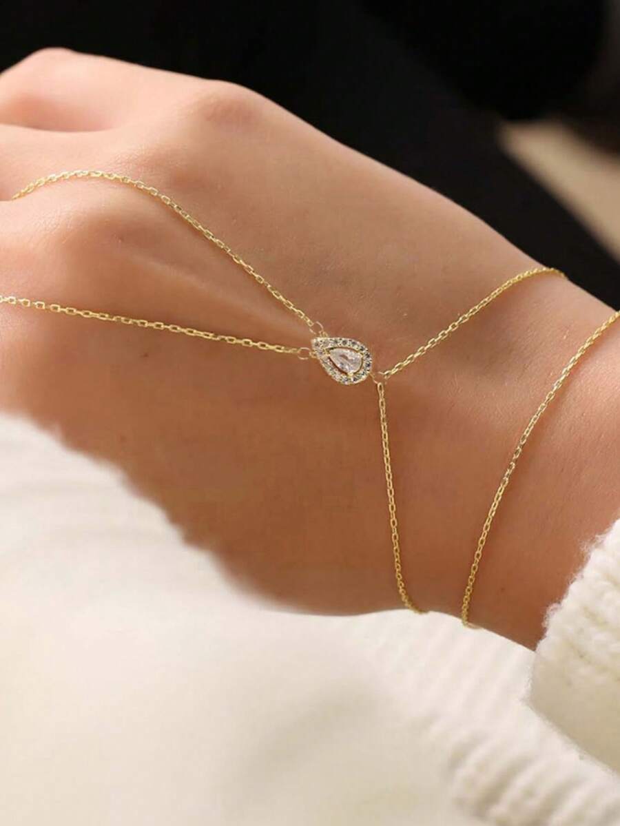 rundraw 1pc Women's Gold-Tone Copper Elegant Necklace With CZ Teardrop Pendant, Wedding Party Prom Outfit - Multicolor - View 1