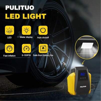 PULITUO 12V DC Portable Tire Inflator Air Compressor, 150 PSI Electric Air Pump With Auto Shut-Off, Digital Pressure Gauge, LED Light And Long Cord For Car Tires, Motorcycles, Bikes And Inflatables