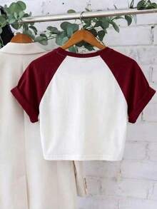 Kaos Wanita Musim Panas Desain Minimalis Warna-warni Lengan Raglan Kerah Bulat Lengan Pendek dengan Cetakan Huruf, Modis, Serbaguna, Kasual untuk Pakaian Sehari-hari - Red and White - View 2