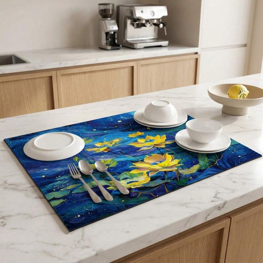 1pc Dish Drying Mat, Coffee Machine Mat, Star Moon Night Lotus Pattern Dish Drying Mat, Absorbent Quick-Dry Drain Mat, Kitchen Countertop Protection Mat, Holiday Home Decor Mat, Dishware Tea Set Storage Mat Multi-Purpose Desktop Absorbent Drying Mat, Room Desktop Protection Mat, Holiday Gift, Kitchen Decoration
