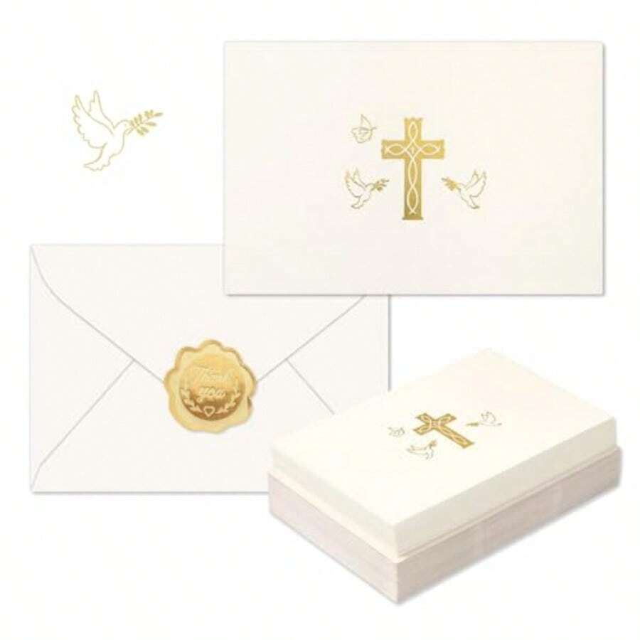 50 Pack Cross Stationery Cards With Envelopes Blank Thank You Note Cards Gold Foil Christian Greeting Card For Baptism First Communion Church - As Pic - View 1