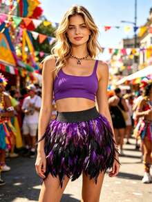 Women Natural Feather Skirt,Feather Short Mini Skirt A-Line Elastic Waist Feathered Tutu Skirt For Halloween Costume Multicolor - Black - View 4