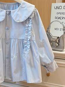 Girls Long Sleeve Doll Blouse With Frill Trim, Spring New Korean Style Sweet French Design - Baby Blue - View 4