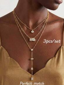 1/3pcs New Exquisite Geometric Minimalist Stainless Steel Gold Necklace For Women, Suitable For Party, Gathering, Beach Vacation, Daily, Anniversary, Date And Multiple Occasions - Multicolor - View 1
