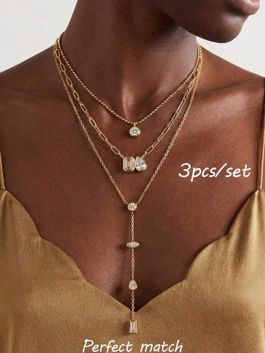 1/3pcs New Exquisite Geometric Minimalist Stainless Steel Gold Necklace For Women, Suitable For Party, Gathering, Beach Vacation, Daily, Anniversary, Date And Multiple Occasions - Multicolor - View 1