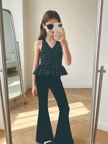 Conjunto de 2 piezas de top sin mangas con estampado de lunares y pantalones acampanados de unicolor para niñas, estilo casual para primavera/verano - Negro - Ver 1