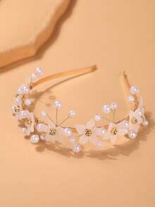 1件歐美時尚極簡風女款珍珠花朵髮箍髮飾 - 白色 - 查看 8