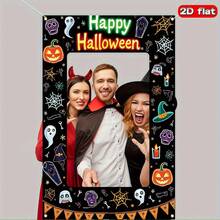 1件大尺寸萬聖節拍照背景布，Happy Halloween派對裝飾，南瓜燈、幽靈與蝙蝠圖案，適用室內/戶外攝影棚、大型派對佈置、鬼屋與活動場景，無需電源，安裝簡單 - 彩色 - 查看 3