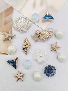 16件組金色海洋貝殼海星樹脂鞋飾 DIY配件 美人魚尾花朵仿珍珠鞋夾裝飾 - 多色16PCS Style No.340 - 查看 5