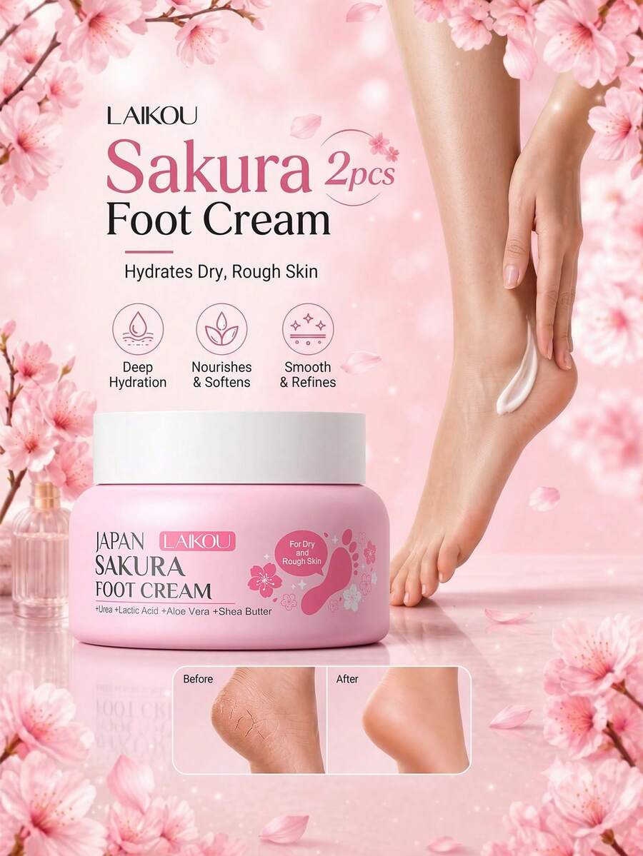 LAIKOU 日式櫻花足霜 2 罐 60g*2，密集修復去角質軟化，保濕平滑滋養足部護理乳液，夜間居家乾裂足部護理，熱銷粗糙腳跟保濕足部護理膏 - 2pcs - 查看 1