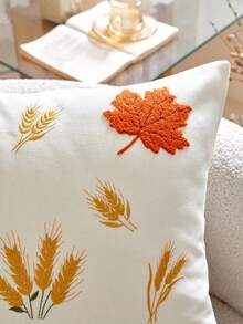 1pc Thanksgiving Maple Leaf Pumpkin Wheat 3D Embroidered Cushion Cover, Full Polyester Faux Linen Fabric, Universal Indoor/Outdoor Throw Pillow Cover, Suitable For Home Sofa Decorative Pillow Cover, Ideal Choice For Bedroom Bed, Chair, Car Matching, No Insert Included - Beige - View 4