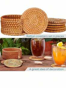 1pc/6pcs Handmade Woven Rattan Placemats, Japanese Minimalist Brown Round Heat-Resistant Anti-Scald Cup Coasters Placemats Suitable For Dining Table, Coffee Table, Home Essentials - Brown - View 4