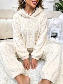 Cream White Heart Embossed Flannel Pajama Set, Hooded Sweatshirt And Loose Cuffed Pants, Fuzzy Warm Loungewear 2 Pieces Set - White - View 2