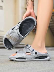Men's New All-Season Retro Graffiti Print Hollow Breathable Cut-Out Design Casual Open-Toe Walking Sandals Suitable For Beach Sand City Daily Commute Gym Pool Adjustable Buckle Strap Slide Slippers - Light Grey - View 9