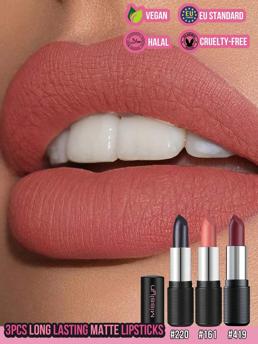 Misslyn 3Pcs Mattastic Lipstick Set, Matte Lipstick, Highly Pigmented Rich Color, Long-Lasting Wear, Silky Smooth Lightweight Formula, Comfortable Matte Finish, Buildable Lip Makeup For Everyday & Party, Vegan & Cruelty-Free - #220+#419+#161 - View 1