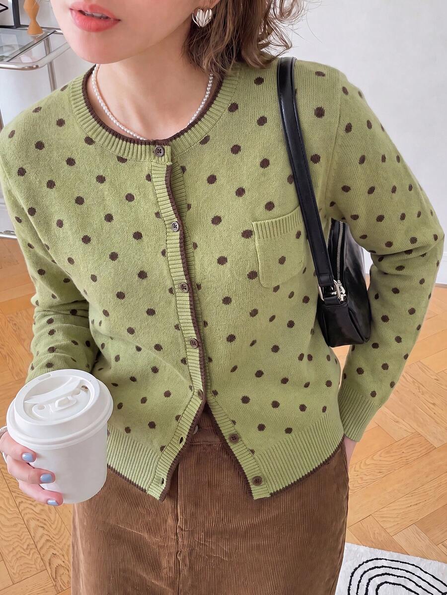 女款秋冬極簡休閒俏皮波點圓領針織開襟毛衣度假秋季款 - 酪梨綠 - 查看 1