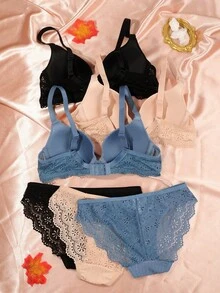 3 Set Bra dan Celana Dalam Renda Bergaris Motif Bunga untuk Wanita, Set Bra Renda Wanita - MultiWarna - View 4