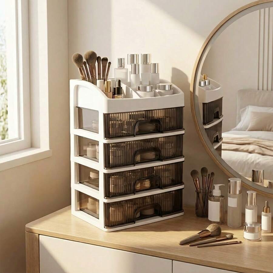 Multi-Tier Makeup Storage Box With Clear Top Tray & Semi-Transparent Drawers | 3 / 4 Drawer Vanity Organiser For Brushes, Lipsticks & Palettes | Stackable Cosmetic Display Unit - 4-tier - View 1