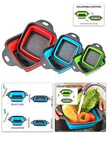 Foldable Square Colander With Handle - Square Silicone Kitchen Strainer With Plastic Handle, Collapsible Mesh Strainer, Ideal For Straining Pasta, Vegetables And Fruits, Available In Blue/Green/Red - View 11
