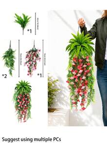 人造吊掛蕨類與花卉植物套組 - DIY 50cm/76cm 仿真綠植，適用於居家花園露台裝飾 (4件裝) - 雙色粉+波斯組合 - 查看 10