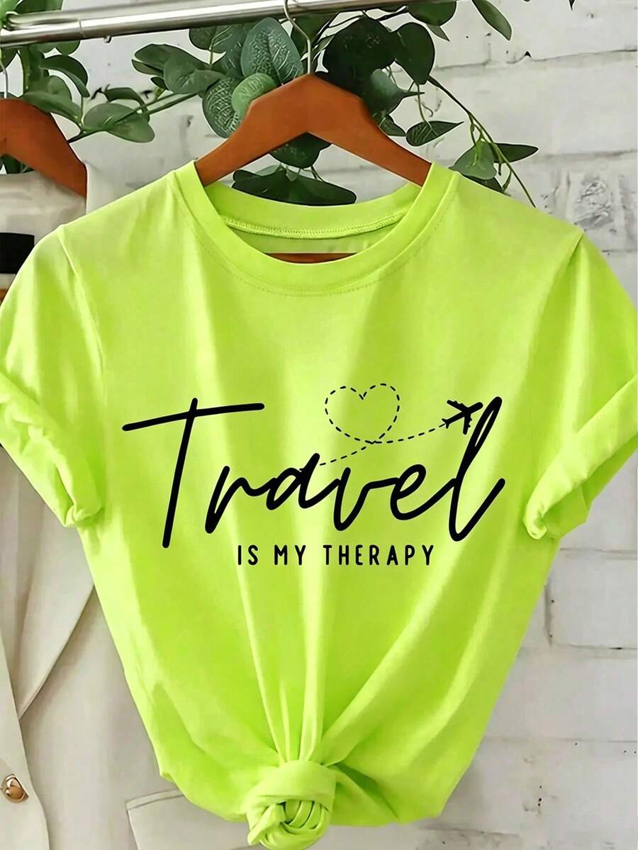 Women's Cotton T-Shirt, "Travel Is My Relax" Letter,Airplane & Heart Print,Loose Round Neck Short Sleeve Tee,Breathable For Summer Daily Wear - 螢光綠 - 查看 1