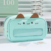 1pc Large Capacity Cat Pen Bag Pencil Case, Adorable Mint Kitten Design With Raised 3D Ear, Clear Visible Front Can Display Pins, Badges And Small Cute Ornaments Freely, School Stationery Pouch For Students, Back To School - Multi Colors - View 13