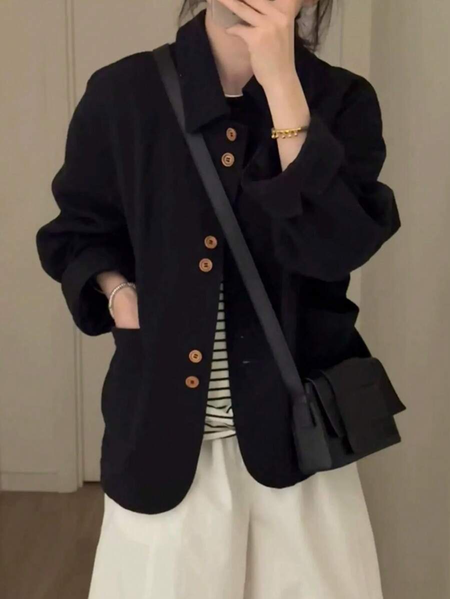 Korean Vintage Black Button Long Sleeve Lapel Workwear Blazer Jacket - Black - View 1