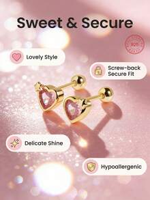 1 Pair 925 Sterling Silver Hypoallergenic Heart-Shaped Stud Earrings, Cute And Playful, Inlaid With Pink Cubic Zirconia, Spiral Backing For Secure Fit, Exquisite And Adorable, Gift Box Included, Suitable For Daily Or Holiday Wear, Gift For Girls, Gift For Girl, Gift For Friends, Gift For Back To School, Holiday Gift - one-size - View 1