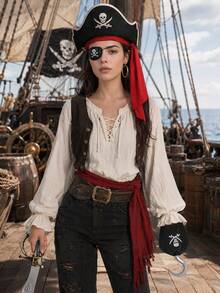 1 Set Pirate Costume Accessories Kit, Includes Pirate Hat, Bandana, Eye Patch, Hook, Hand, Gold Earrings, Prop Sword, Suitable For Halloween Role Play Theme Party Costume Props - Multicolor - View 7