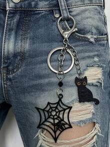 1pc Gothic Punk Style Black Cat, Spider Bead Pendant Keychain, Phone Case Pendant, Bag Pendant, Jeans Chain,Creative Gifts For Men And Women,Halloween - Silver - View 1