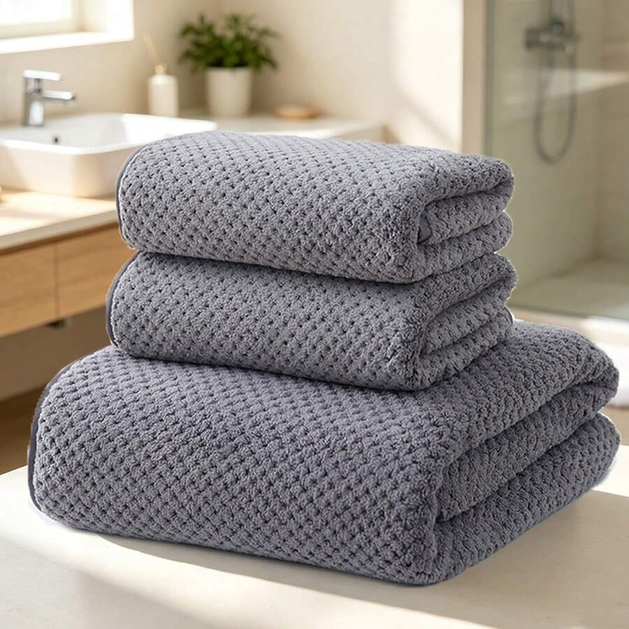 1pc/2pcs (Towel Approx. 13*29 Inches + Bath Towel Approx. 28*55 Inches) Solid Color Coral Fleece Highly Absorbent Soft Skin-Friendly Towel, Microfiber, Quick Dry, Hand Towel/Bath Towel, Home Set, Suitable For Face And Body, SPA, Yoga, Swimming, Beach Towel, Hydrotherapy Center, Bathroom Supplies, Holiday Gift - Dark Grey - View 1