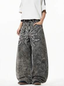 1 pieza Jeans holgados de pierna ancha con bordado de "Hermano de la Justicia" para hombre - Negro - Ver 7