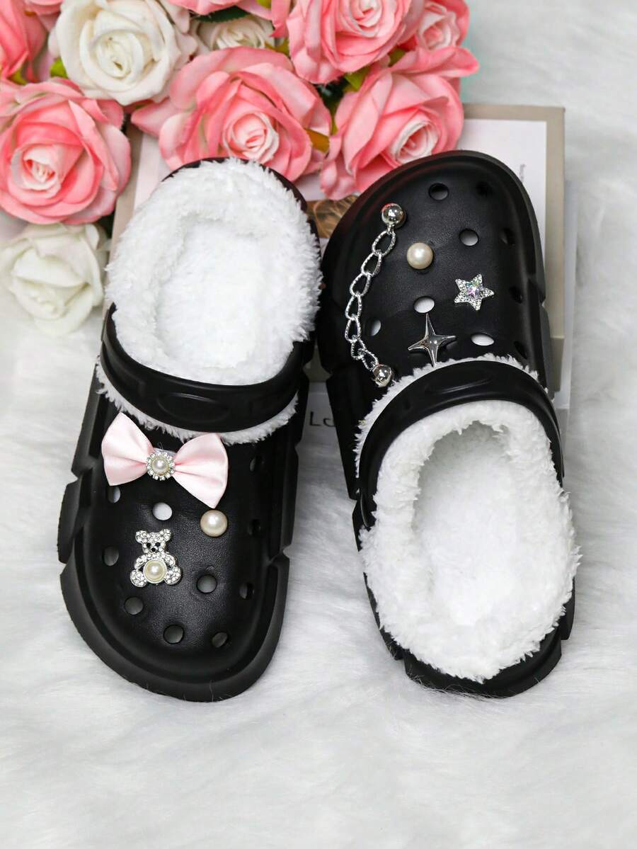 HOEASE Girls' Winter Plush Lined Garden Clogs, EVA Indoor Slippers, Slip-On Design, Comfortable Fabric Material, Ideal Gift For Halloween And Christmas - Black - View 1