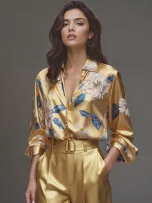 Elegant Women's Floral & Leaf Print Button-Down Shirt, Suitable For Vacation And All Seasons Spring - Yellow - View 2