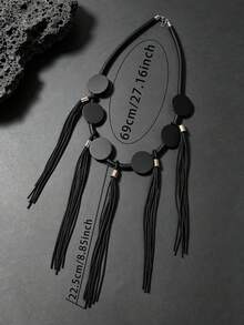 MARLIWOO 1pc Minimalist Long Draped Tassel Necklace, Unique Niche Versatile Accessory, Vintage Gothic Style - Black - View 6