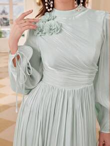 Elegant Women's Long Sleeve Stand Collar A-Line Dress, Decorated With 3D Roses And Pleated Design, Formal Charming Evening Gown Wedding Party Fall - Mint Green - View 5