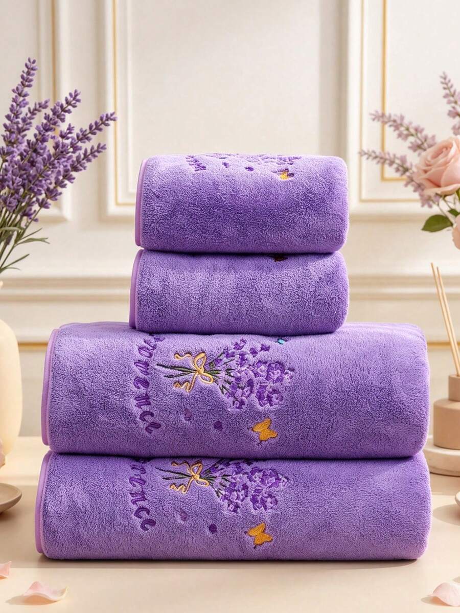 珊瑚絨精緻刺繡薰衣草純色浴室毛巾或浴巾,花卉刺繡浴巾/毛巾,柔軟吸水,適用於浴室、飯店、健身房、旅行、返校、旅行配件、居家必需品、毛巾、護膚 - 紫色 - 查看 1