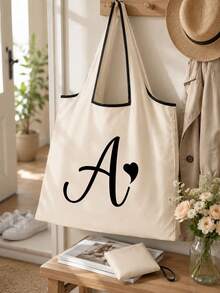 Sac cabas blanc à la mode avec initiale artistique A-Z noire, design avec bordure noire, matériau en taffetas enduit de polyester, sac de courses pliable et portable, sac cabas grande capacité pour femmes avec design facile à plier, convient pour un usage quotidien, les voyages, les vacances, l'école, la rentrée scolaire, le travail et les courses, chariot multifonctionnel, poignée robuste, cadeau pour la fête des enseignants, saison de la rentrée scolaire, fête de l'indépendance, voyage de vacances - Multicolore - Voir 5