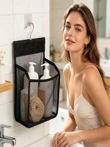 2pcs (1 Hanging Bag + 1 Transparent Hook) Lightweight Black Mesh Shower Storage Bag With Hook. Suitable For Bathroom, Gym, Dorm, Travel And Other Storage Solutions. Can Be Used As Shower Caddy, Wall-Mounted Storage, Hair Storage, Temporary Office Supplies Storage, Organizer Rack, Bedroom Storage, Bathroom Storage Rack, Key Storage Wall, Christmas, Storage, Packaging Bag, Bedroom Furniture And Women's Room Decor - Multicolor - View 2