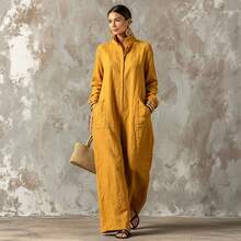 Summer Casual Dress New Arrival Solid Color Lapel Collar Button Front Long Sleeve Loose Dress With Side Pockets - Butter Yellow - 查看 8